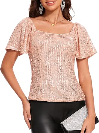 DRESSTELLS Women's Sparkly Sequin Tops Short Sleeve Glitter Dressy Blouses Square Neck Club Ruffle Party Shirts