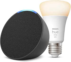 Echo Pop | Antracita   Philips Hue White Bombilla Inteligente (E27), compatible con Alexa - Kit de inicio de Hogar digital