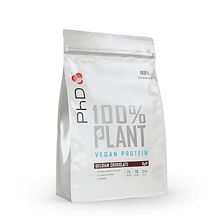 PhD Nutrition Plant Vegan Protein Powder, Rich in BCAA and Low Calorie, Belgian Chocolate, 21g of Plant Based Protein, 40 Servings per 1 kg Bag