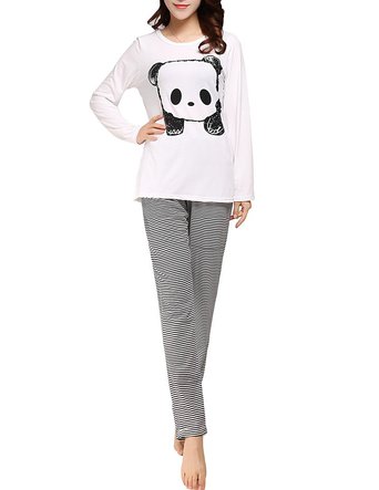 VENTELAN Womens Cute Panda Striped Long Sleeve Sleepwear Pjs Pajama Set Nighty
