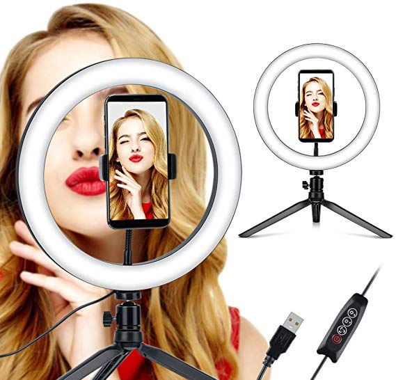 CASPTM 10'' LED Dimmable Ring Light with Mini Tripod Stand&Phone Holder, 3 Color Modes, 10 Brightness, Desk Portable Light for Live Streaming/Makeup/Selfie/Vlog, USB Powered Compatible with Phone