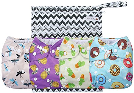 Anmababy 4 Pack Adjustable Size Waterproof Washable Pocket Cloth Diapers with 4 Inserts and Wet Bag(Purple)