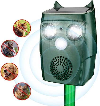 Ultrasonic Animal Pest Repeller, Solar and USB Adapter Charge Powered Motion Detection Deterrent with LED Light, Waterproof Deterrent for Squirrels, Cat, Bird, Rabbit, Raccoon