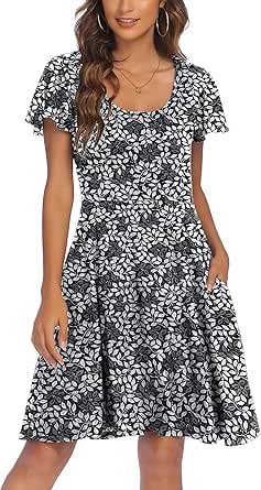 ACEVOG Women's Casual Dresses Flare Short Sleeve Summer Beach Dress with Pockets Floral Mini Swing Skater Dresses