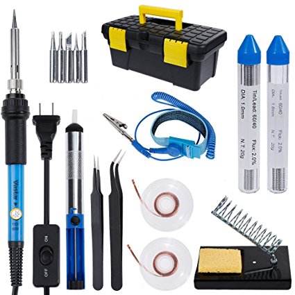 Vastar Soldering Iron Kit, 16 in 1 60W Welding Soldering Iron Temperature Adjustable with On/Off Swith, Soldering Tips, Desoldering Pump, Soldering Wire, Soldering Iron Holder Anti-static Tweezers