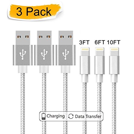 Loopilops iPhone Cable 3Packs 3FT 6FT 10FT to USB Syncing and Charging Cable Data Nylon Braided Cord Charger for iPhone X iPhone 7/7 Plus/6/6 Plus/6s/6s Plus/5/5s/5c/SE and more (Silver&White)