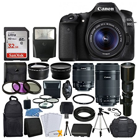 Canon EOS 80D DSLR Camera Body   Canon EF-S 18-55mm   Canon EF-S 55-250mm Lens & Telephoto 500mm f/8.0 (Long)   Wide Angle Lens   58mm 2x Lens   Macro Filter Kit   32GB Memory Card   Accessory Bundle