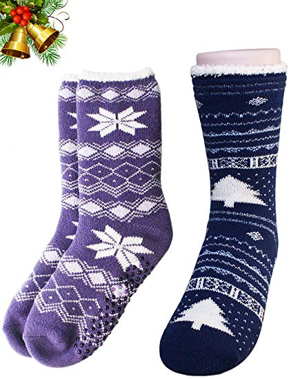 VERO MONTE 2 Pairs Thick Christmas Slipper Socks With Grippers For Women