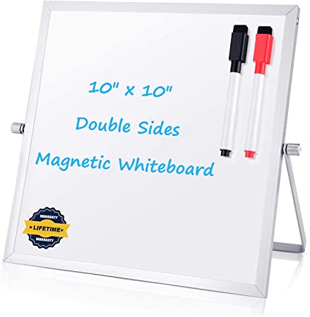 Small Dry Erase White Board – Desktop Portable Mini WhiteBoard Easel 10”x 10”, 360 Degree Reversible to Do List Notepad for Office, Home, School.