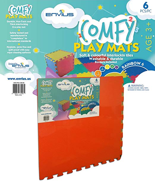 EnviUs Comfy Play Mat Rainbow 6 : Formamide Free Thick 6 Pieces 24" x 24" x 6/15" (Comfy Series)