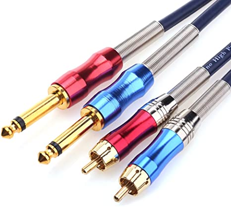 Dual 6.35mm(1/4 inch) TS Mono Jack to Dual Phono/RCA Stereo Plug Audio Interconnect Lead Cable Patch Cords - 3.3 ft/1m