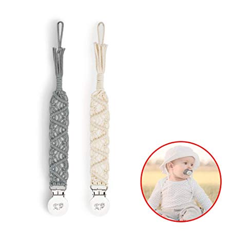 Macrame Baby Pacifier Clips, Braided Pacifier Leash &Teething Toys-Best for Boys and Girls ， Baby Shower Gifts (Grey)