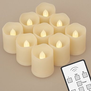 Set of 9 Flickering LED Tealight Candles [Upgrade 2015 w/ Timer, Remote & Batteries] - 3 Modes Dimmable Safe Flameless LED Votive Tea Light (120 Hours of Lighting) for Christmas, Birthday Parties, Weddings, Festivals Decorations