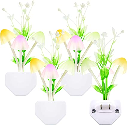 4 Pieces Night Lights 7 Color Changing Plug-in Light Sensor Wall Lamp, LED Mushroom Night Lights Sensor Dusk to Dawn Sensor Wall Lamp Night Lights for Kids Adults Mushroom Night Lights Christmas