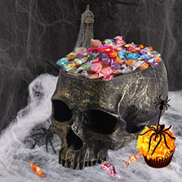 Halloween Skull Candy Holder Bowl Artificial Resin Skull Head Skulls Decor Indoor Outdoor Flower Pot Plant Holder Office Pen Holder Desktop Ornaments - Bronze
