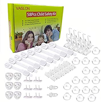 VASLON Baby Safety Kits, Baby Proofing 3M Adhesives Adjustable Strap Latches to Cabinets,The Safest, Quickest and Easiest 3M Adhesive Baby Proofing Latches, No Screws or Magnets, Multi-Purpose for Furniture, Kitchen, Ovens, Toilet Seats All-in-one Super Value Child Safety Kit (58Packs)