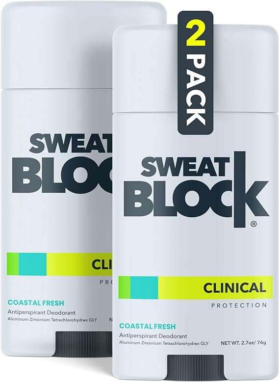 SweatBlock Clinical Strength Deodorant Antiperspirant Stick for Men & Women - 48-Hour High Degree Sweat & Odor Protection - Non-Irritating Smooth Glide - Coastal Fresh Unisex Scent - 2.7oz (2 Pack)