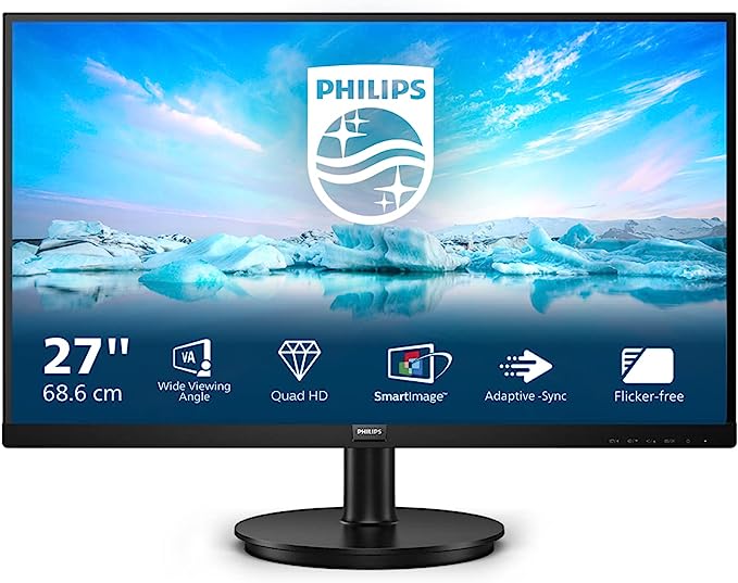 PHILIPS 275V8LA - 27 Inch QHD Monitor, VA, 4ms, 75Hz, Adaptive Sync, Low Blue Mode, Flicker Free, Speakers, Vesa 100, Tilt (2560 x 1440 @ 75Hz, 250 cd/m², HDMI 1.4 / DP 1.2)