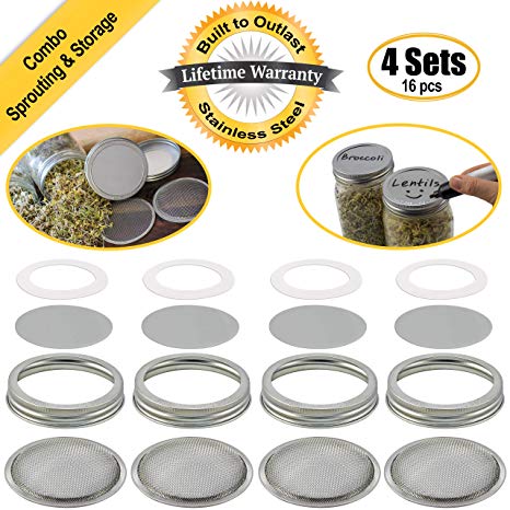 4 Sets: Stainless Steel Sprouting Lids   Storage Caps (4 Curved Sprouter Screens,4 Inserts,4 Bands,4 Seals) - For Wide Mouth Mason Canning Jars Kerr/Ball. Rust-Proof, BPA-free Seed Grower Sprouts Kit