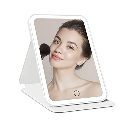 Rechargeable Lighted Makeup Vanity Mirror with 3 Color Lighting and PU Leather Case, Light Up Makeup Mirror with Adjustable Stand, Touch Sensor Dimming, Portable Tabletop Cosmetic Mirror (White)