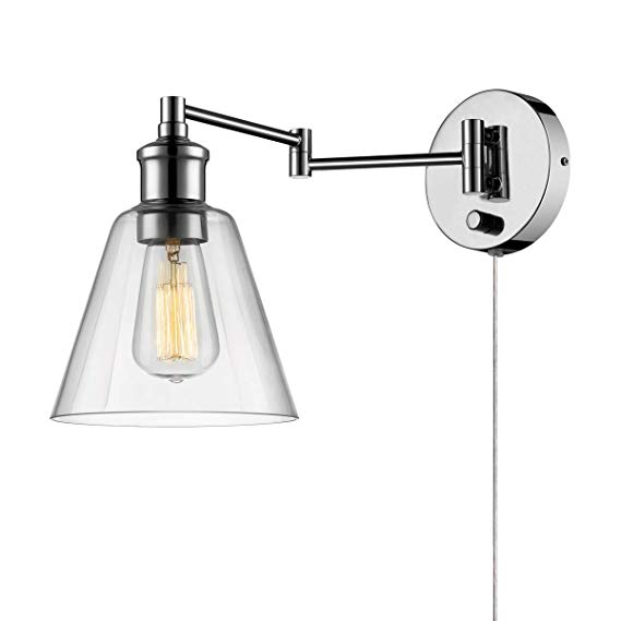 Globe Electric Leclair 1-Light Plug-in or Hardwire Industrial Wall Sconce, Chrome Finish, On/Off Rotary Switch, 6 Foot Clear Cord, Clear Glass Shade, 65704