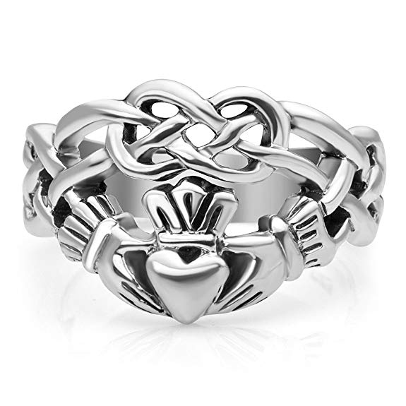 Chuvora Sterling Silver Celtic Knot Infinity Symbol Irish Claddagh Friendship and Love 4 cm Wide Band Ring