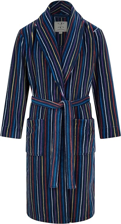 John Christian Men's Warm Fleece Robe, Navy with Multicolored Stripes