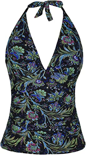 Hilor Women's Plunging V Neck Halter Swim Tops Shirred Tankini Top