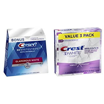 Crest 3D Whitestrips Glamorous White, Teeth Whitening Kit, 16 Treatments (32 Individual Strips)   2 Bonus 1-Hour Express Treatments and 3D White Brilliance Toothpaste (Pack of 3)