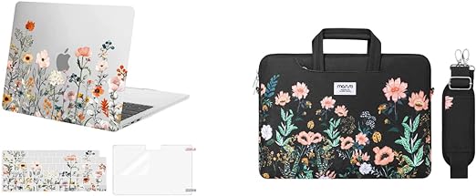 MOSISO Compatible with MacBook Air 13.6 inch Case 2022 Release A2681 M2, Plastic Garden Flowers Hard Shell Case&Keyboard Cover&Screen Protector&Wild Flowers Laptop Shoulder Bag, Transparent&Black