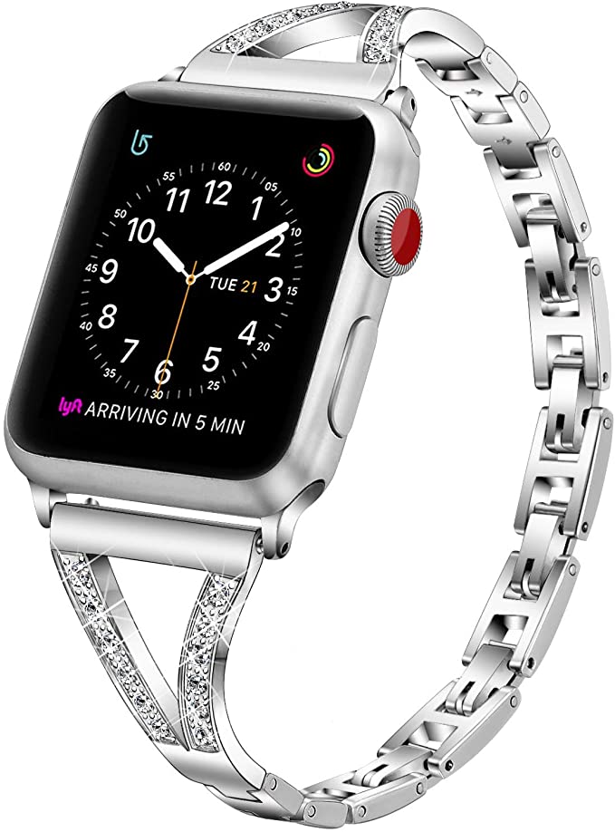 PUGO TOP Strap Replacement for Apple Watch Series 5 Series 4 40mm/44mm iWatch Series 3 2 1 38mm 42mm,Adjustable Bling Metal Band with Rhinestones for Apple Watch (42mm/44mm, Silver)