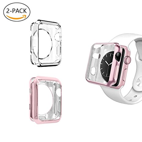 [2-PACK]Apple Watch 38mm Case Series 2, UBOLE Scratch-resistant Flexible Lightweight Plated TPU Protective Bumper Cover for iWatch Series 1, Series 2 (ROSE GOLD CLEAR 38mm)