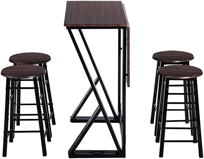 Danxee 5 Piece Pub Dining Set Drop Leaf Folding Bar Height Kitchen Table with 4 Bar Stools (Coffee)