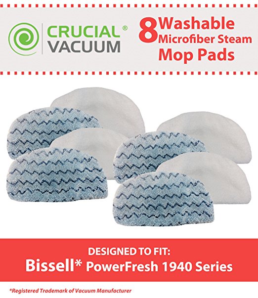 8 Washable & Reusable Pads for Bissel PowerFresh Steam Mops including 19402, 19404, 19408, 1940A, 1940Q, 1940T, Compare to Bissell Part # 5938 and 203-2633; Designed & Engineered by Crucial Vacuum