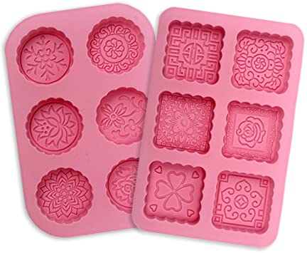 YGEOMER 2pcs Soap Mold, 6 Cavity Round and Square Silicone Mooncake Cake Chocolate Mold