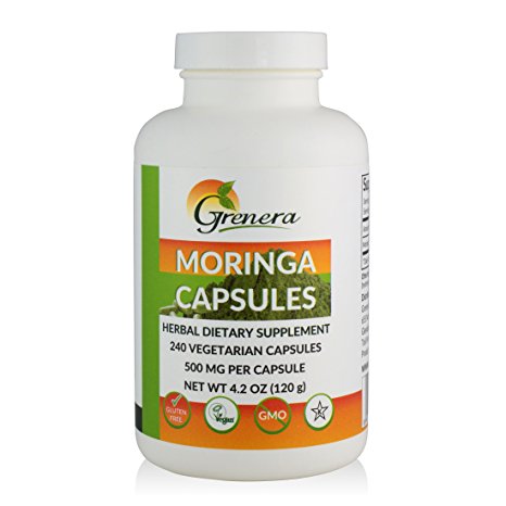 Grenera Organic Moringa Capsules - 240 Capsules - Made with Organic Moringa Oleifera Leaf Powder