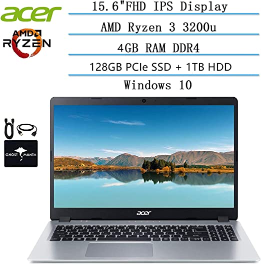 2020 Newest Acer Aspire 5 Slim Laptop 15.6 FHD IPS Display, AMD Ryzen 3 3200u-Dual Core (up to 3.5GHz), Vega 3 Graphics, 4GB RAM, 128GB PCIe SSD   1TB HDD, HDMI, Windows 10 w/Ghost Manta Accessories