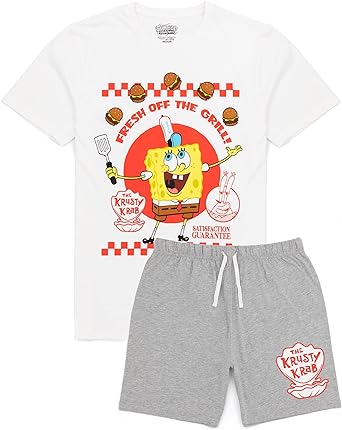SpongeBob SquarePants Mens Pyjama Set | Adults Short Sleeve T-Shirt & Shorts PJs | Krusty Krab Burger Loungewear | 90s Gift
