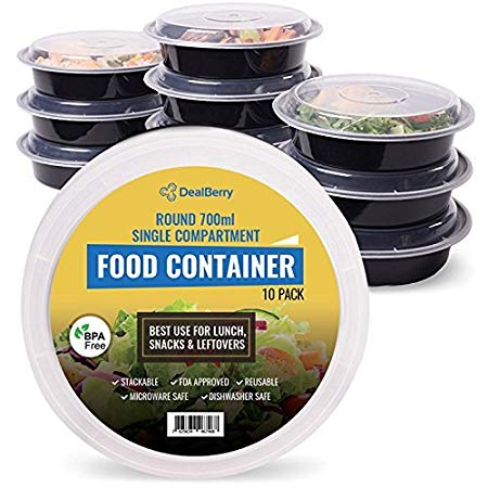 Dealberry Round BPA Free Meal Prep Containers. Reusable Plastic Food Containers with Lids. Stackable, Microwavable, Freezer & Dishwasher Safe Bento Lunch Box Set 10 Pack (700 ml)
