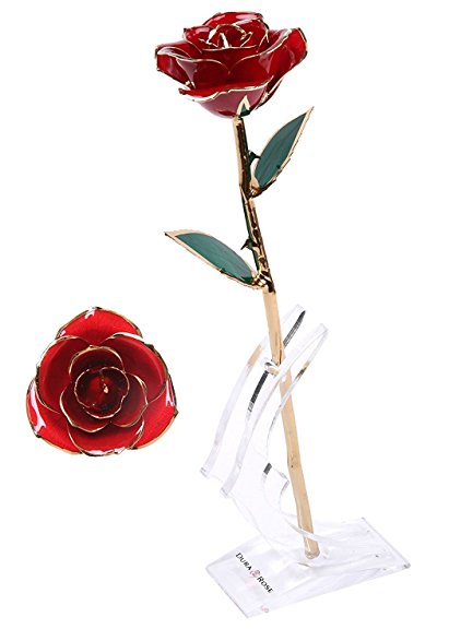 DuraRose Authentic Rose With Stand And Love Card, Stem Dipped In 24k Gold - Best Gift For Loves Ones. Ideal For Valentine's Day, Mother's Day, Anniversary, Birthday, (Adorable Red)