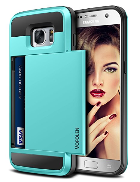 Galaxy S7 Case, Vofolen Slidable Card Holder Galaxy S7 Wallet Case Card Slot ID Pocket Protective Hard Shell Shock Absorbing TPU Rubber Bumper Armor Scratch-proof Case Cover for Galaxy S7 - Sky Blue
