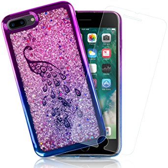 GolemGuard Apple iPhone 7 Plus & iPhone 8 Plus Floating Liquid Rose Confetti / Stars Case, Soft TPU Bumper Bling Black Case w/ 3D Tempered Glass - Metallic Purple / Blue Swan Pattern
