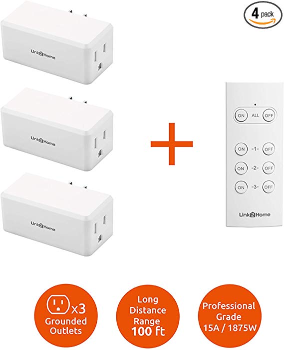 Link2Home Wireless Remote Control Outlet Light Switch, 100 ft range, Unlimited Connections. Compact Side Plug. Switch ON/OFF Household Appliances. FCC CSA Certified, White (3 Outlets, 1 Remote).
