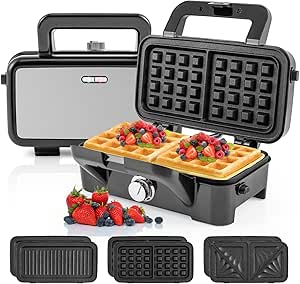 COSTWAY 3-in-1 Sandwich Maker, 1200W Electric Waffle Maker with 3 Removable Non-Stick Plates, Grilled Cheese Maker with 5-Gear Temperature Control, Panini Press Grill for Breakfast