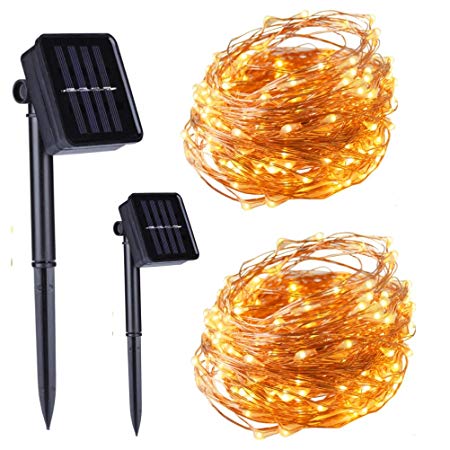 Mcandy 2 Pack 100 Led Solar String Lights Outdoor, 33 Ft 8 Mode Solar Fairy Lights Copper Wire Lights,Ip65 Waterproof Solar Powered String Lights for Gardens,Home(Warm White)