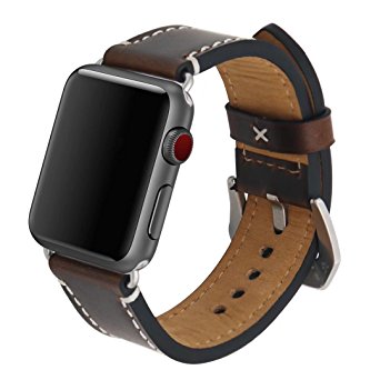 Hailan Premium Vintage Genuine Crazy Horse Leather Wrist Strap Replacment with Large Classic Stainless Steel Buckle Clasp for iwatch Apple Watch Band Series 1 Series 2 Series 3,42mm,Coffee