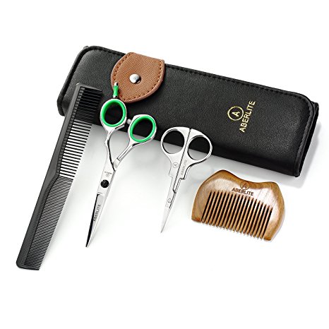 Beard Scissors Kit (5pcs) | 4.5” Professional Micro-serrated Beard/Hair Scissors, Travel Size 3.7” Precision Beard/Mustache Scissors, Sandalwood Pocket Comb, and Master Barber Comb