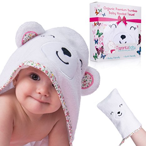 Organic Bamboo Hooded Baby Towel and Washcloth Set - Wearable Towel for Baby Girls with Pink Teddy Bear Design - Soft Bath Towel for Infants, Newborns, and Babies - Baby Bath Accessories for Girls