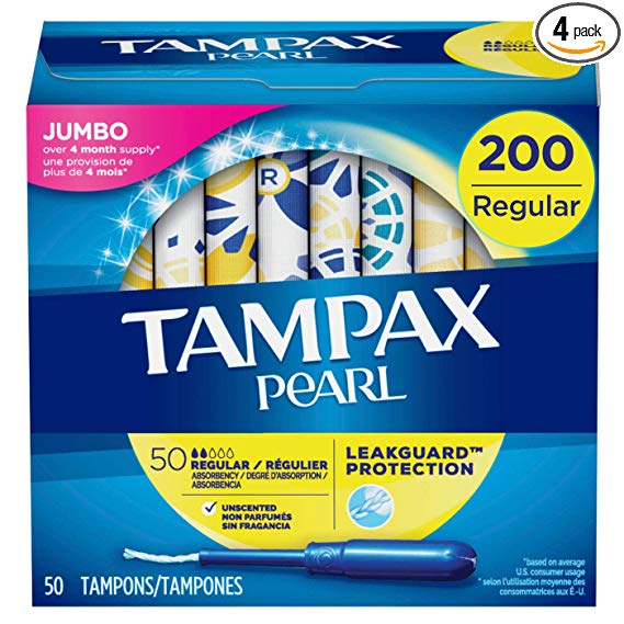 Tampax Pearl Tampons with Plastic Applicator, Regular Absorbency, 200 Count, Unscented (50 Count, Pack of 4 - 200 Count Total)