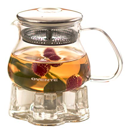 Ovente Glass Teapot, 27 oz, with Stainless Steel Mesh Filter, Heat Tempered Borosilicate Glass with Glass Teapot Warmer (FGB27T)